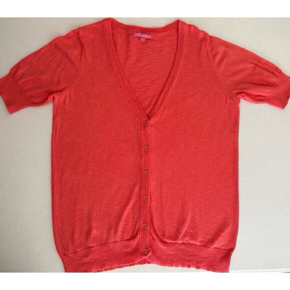 Woman Within Womens Cardigan Sweater Size Medium Coral Pink Short Sleeve - Picture 4 of 6